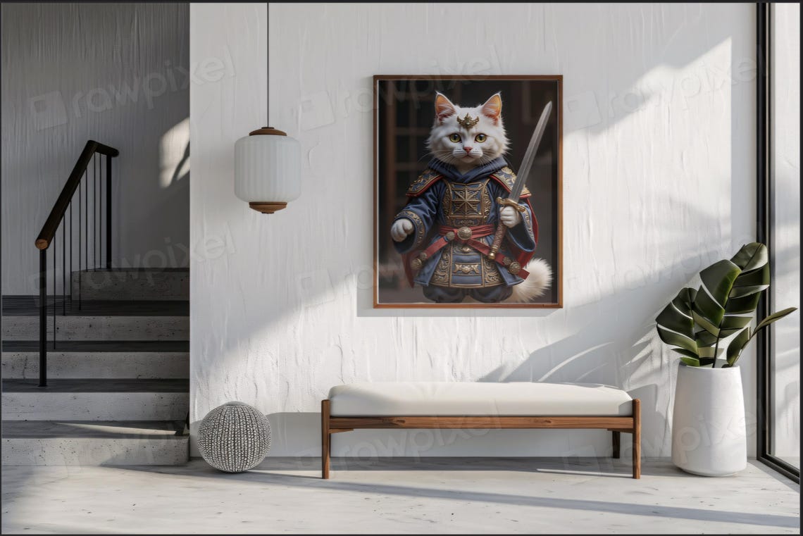 Brave White Cat Samurai Warrior in Blue Armor with Sword Poster - Image 3