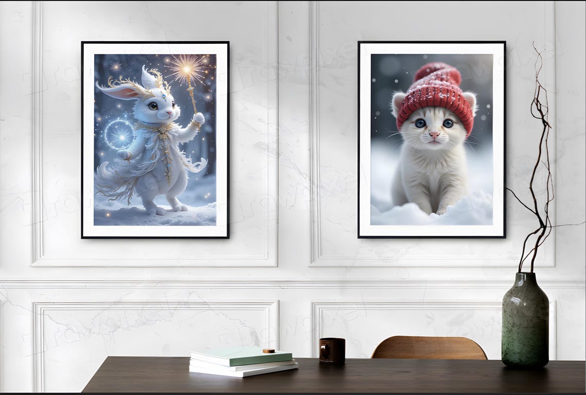 Magical White Rabbit with Sparkler in Starry Snow Night Poster - Image 2