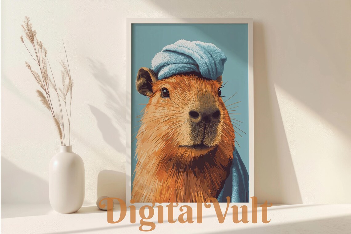 Funny Capybara Bathroom Art, Vintage Animal Painting