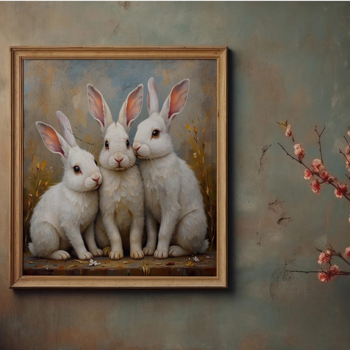 Three White Rabbits Vintage Oil Painting Style Portrait Poster