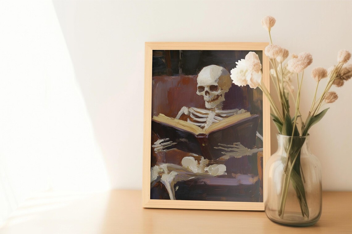 Vintage Skeleto Reading, Halloween Academia Decor - Image 2