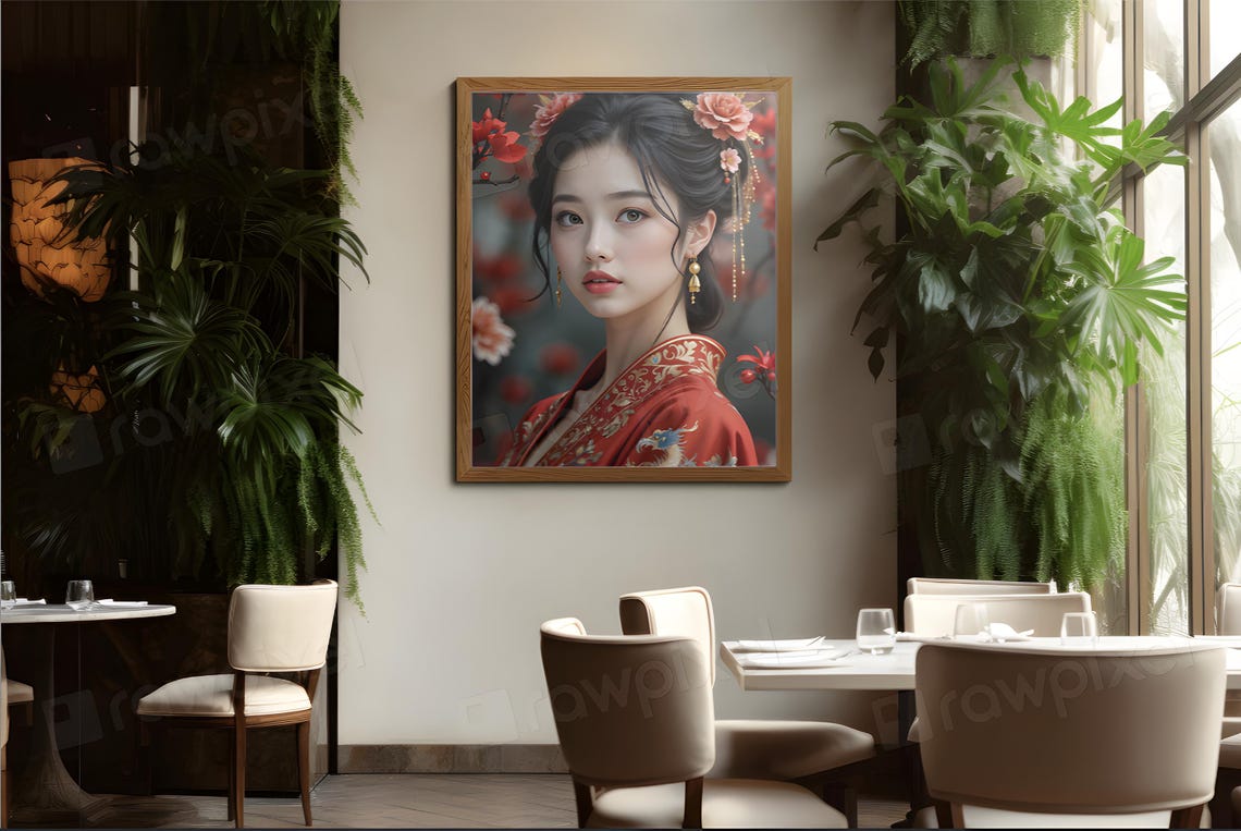 Elegant Woman in a Red Embroidered Robe in a Blooming Garden Poster - Image 6
