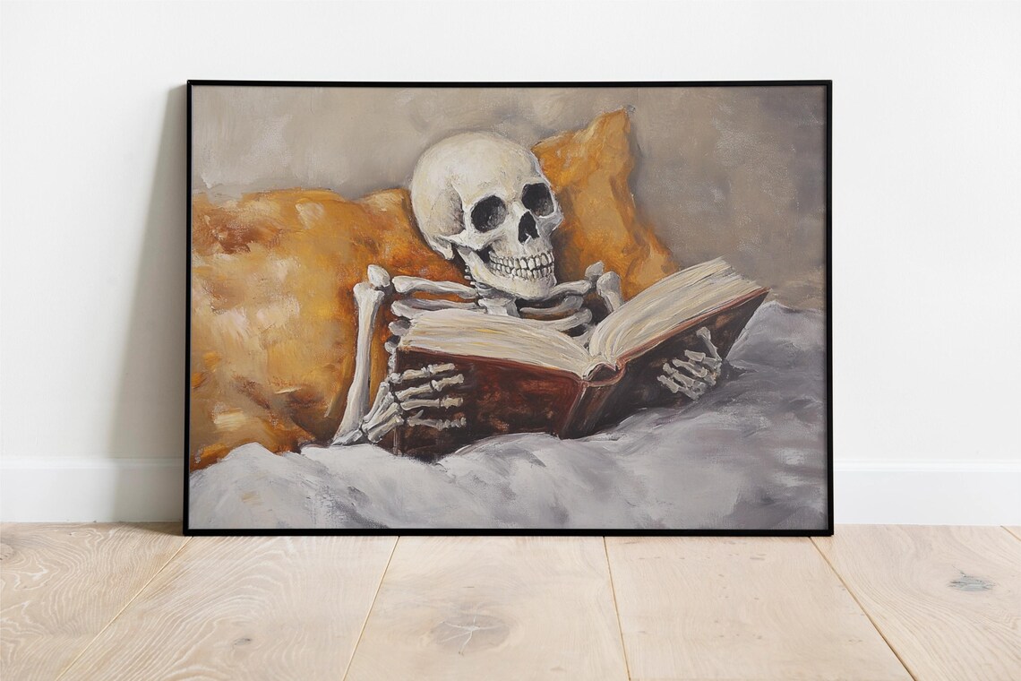 Vintage Skeleto Reading Bed, Halloween Decor - Image 3