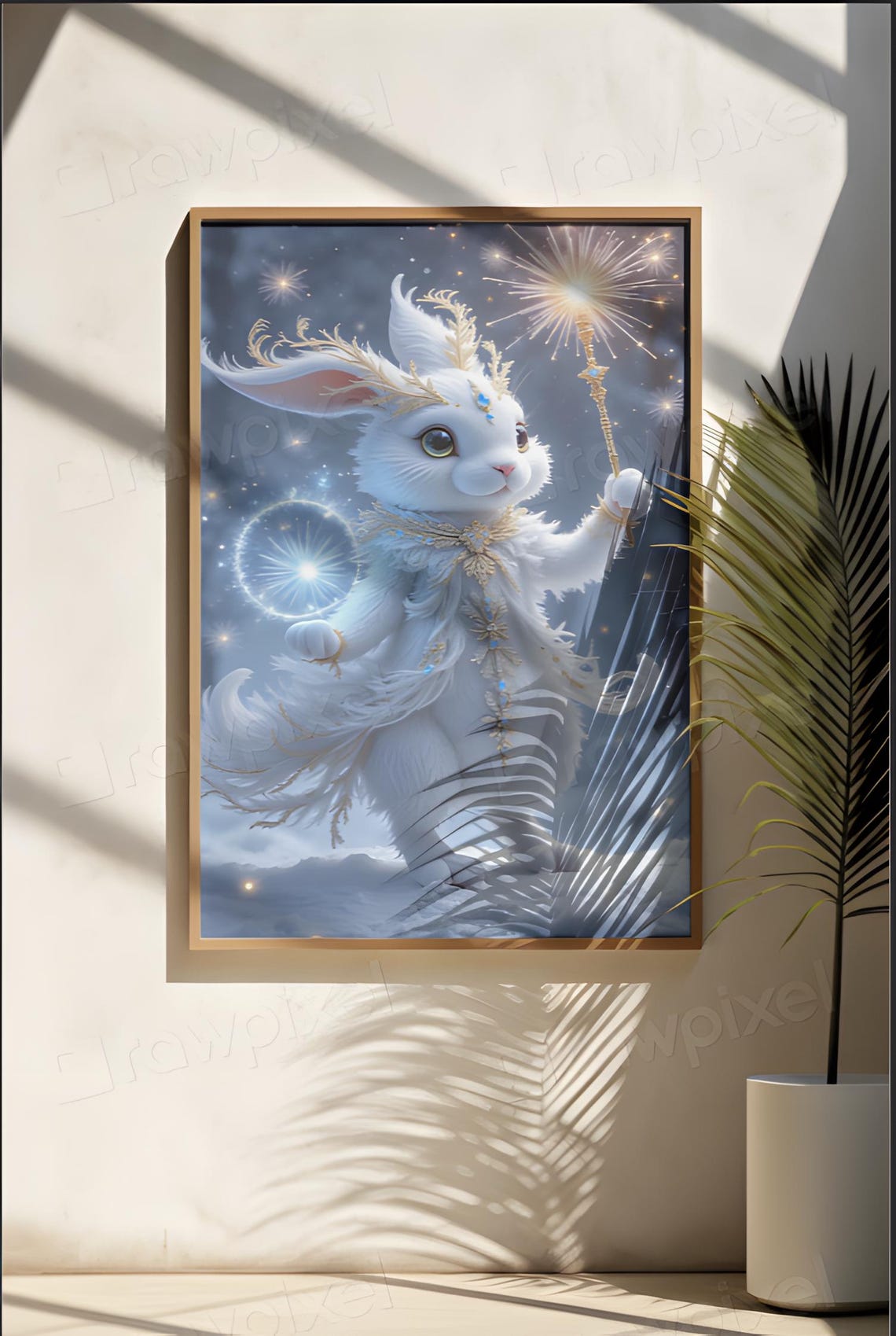 Magical White Rabbit with Sparkler in Starry Snow Night Poster - Image 6