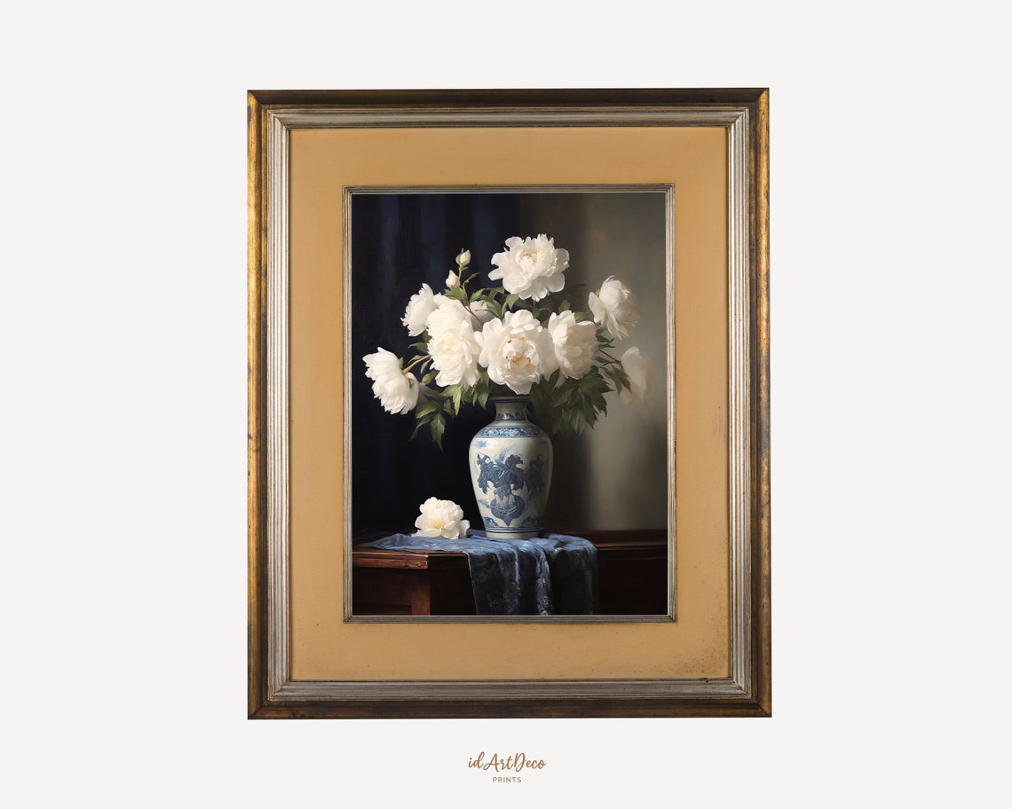 Moody Vintage Flower Print Peony Wall Art Dark Floral Still Life Oil Painting Antique Art - Image 2