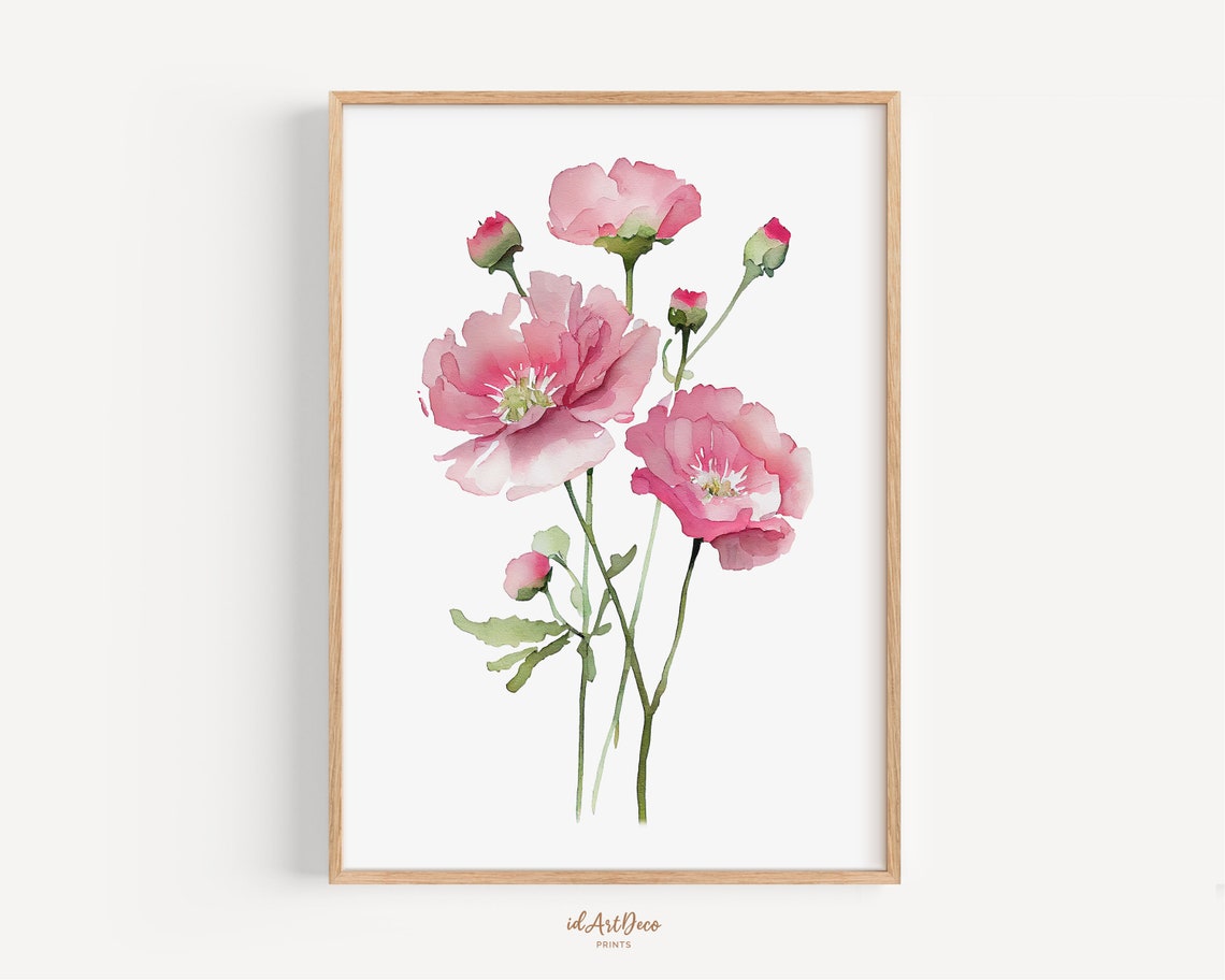 Watercolor Pink Poppy Blooms Delicate Floral Minimalist Art Poster
