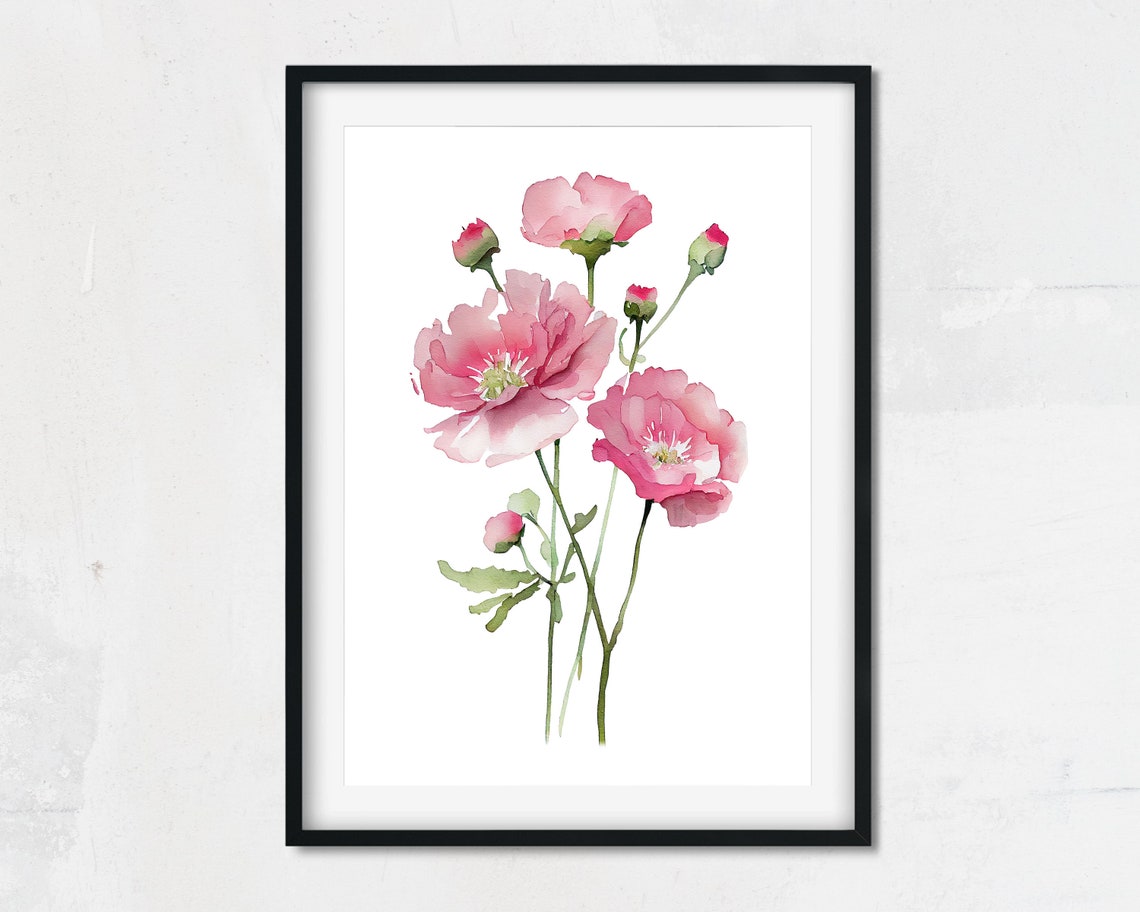 Watercolor Pink Poppy Blooms Delicate Floral Minimalist Art Poster - Image 2