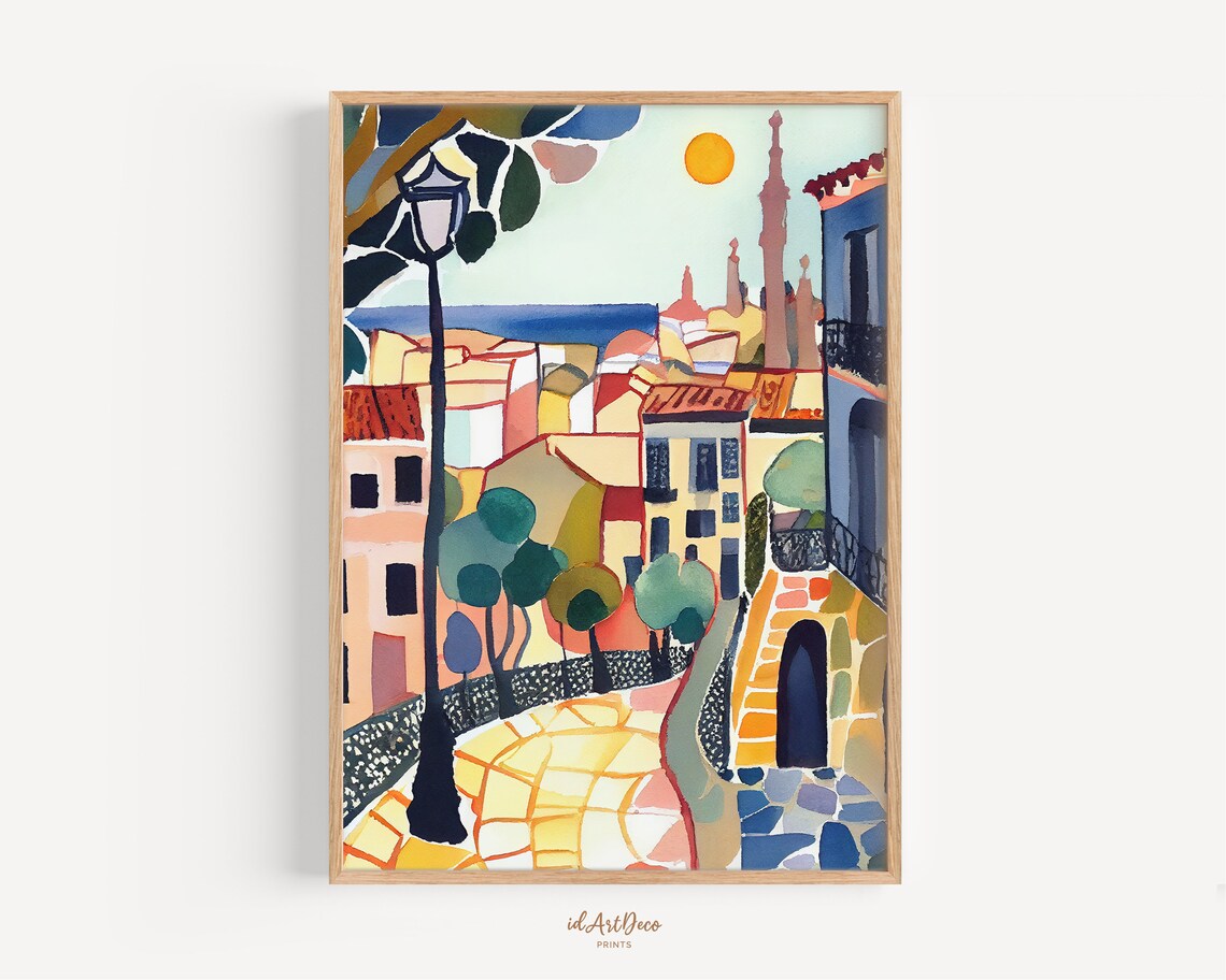 Sunny Old Town Cobbled Street Church Tower Sea Fauvist Poster