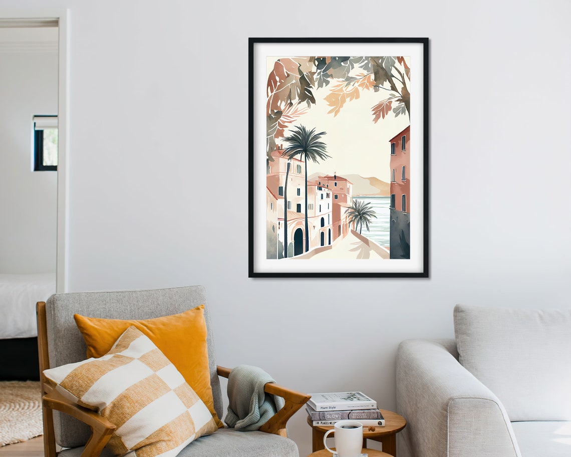Mediterranean Coastal Town Palm Trees Watercolor Travel Poster - Image 2