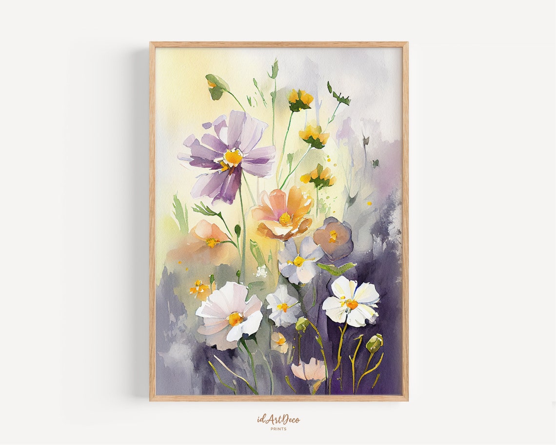 Watercolor Wildflower Meadow Cosmos Soft Botanical Art Poster