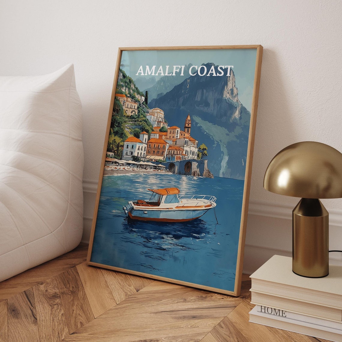 Amalfi Coast Boat Harbor Cliff Village Retro Travel Art Poster