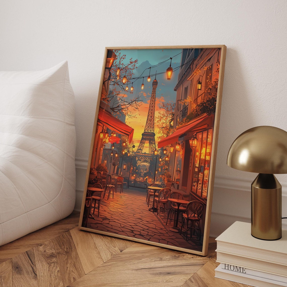Paris Cafe Street Sunset Poster Eiffel Tower String Lights Evening
