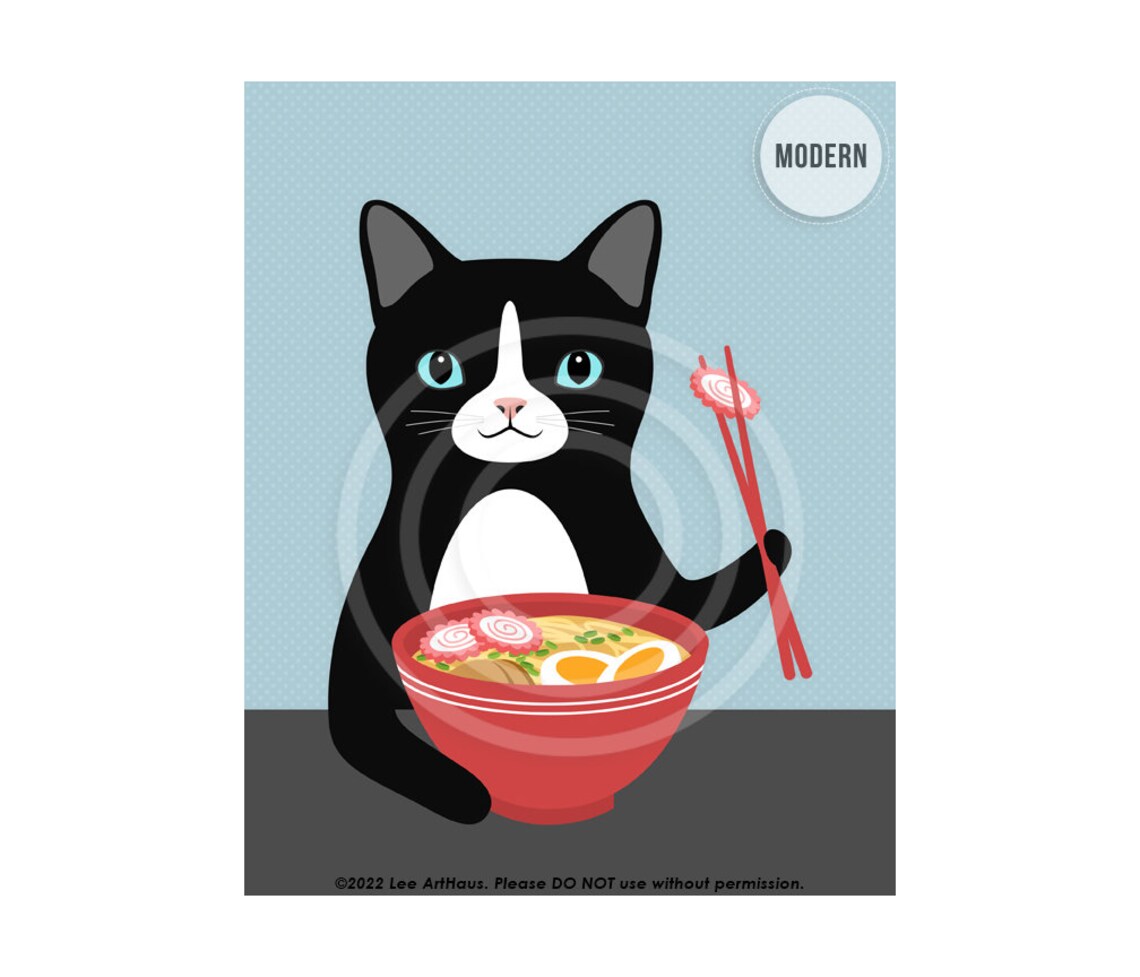 Black And White Cat Eating Ramen Bowl Cute Kitty Lover Kitchen Wall Poster - Image 3