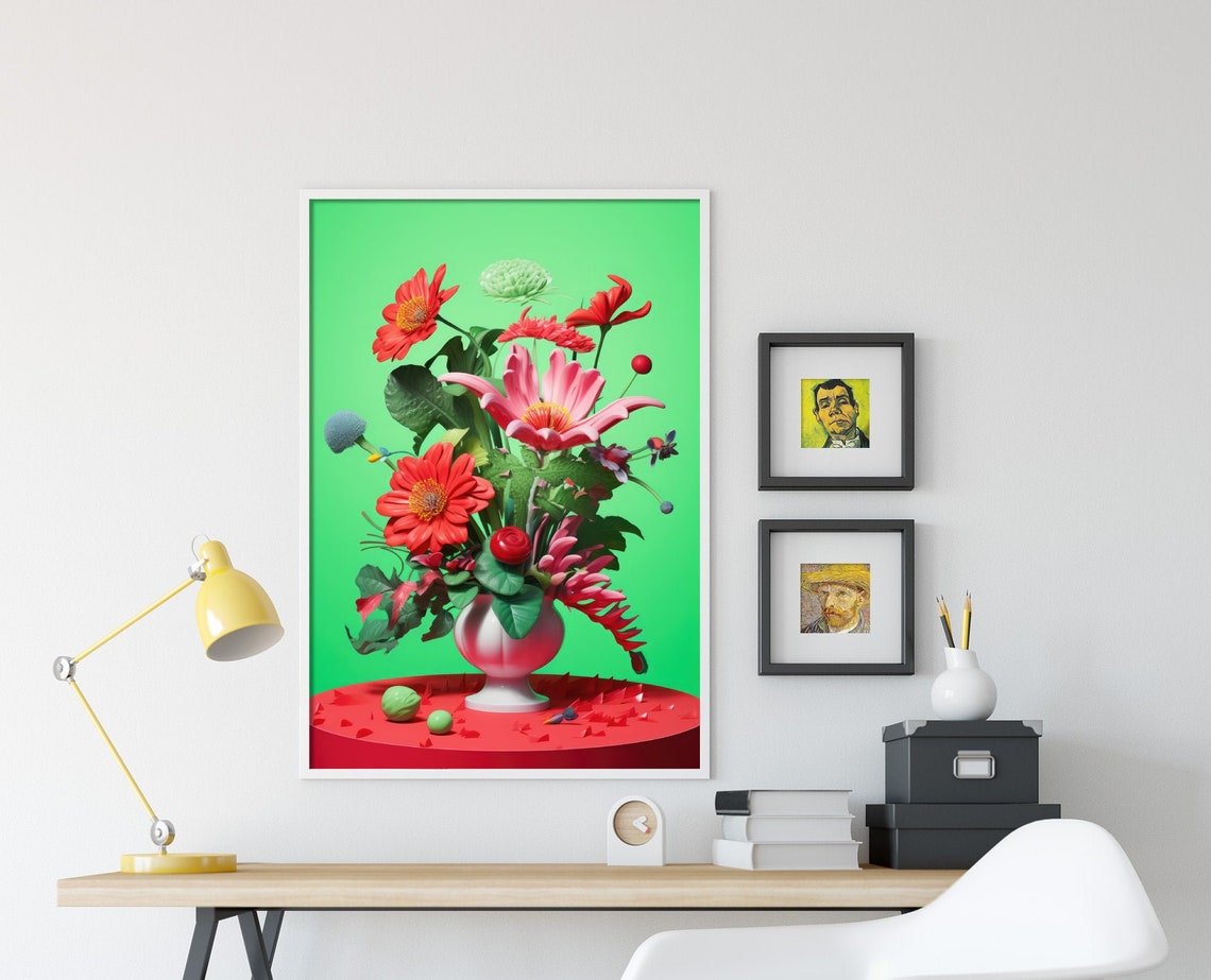 Bold Pink Flower Bouquet in White Vase Neon Green Pop Poster - Image 4