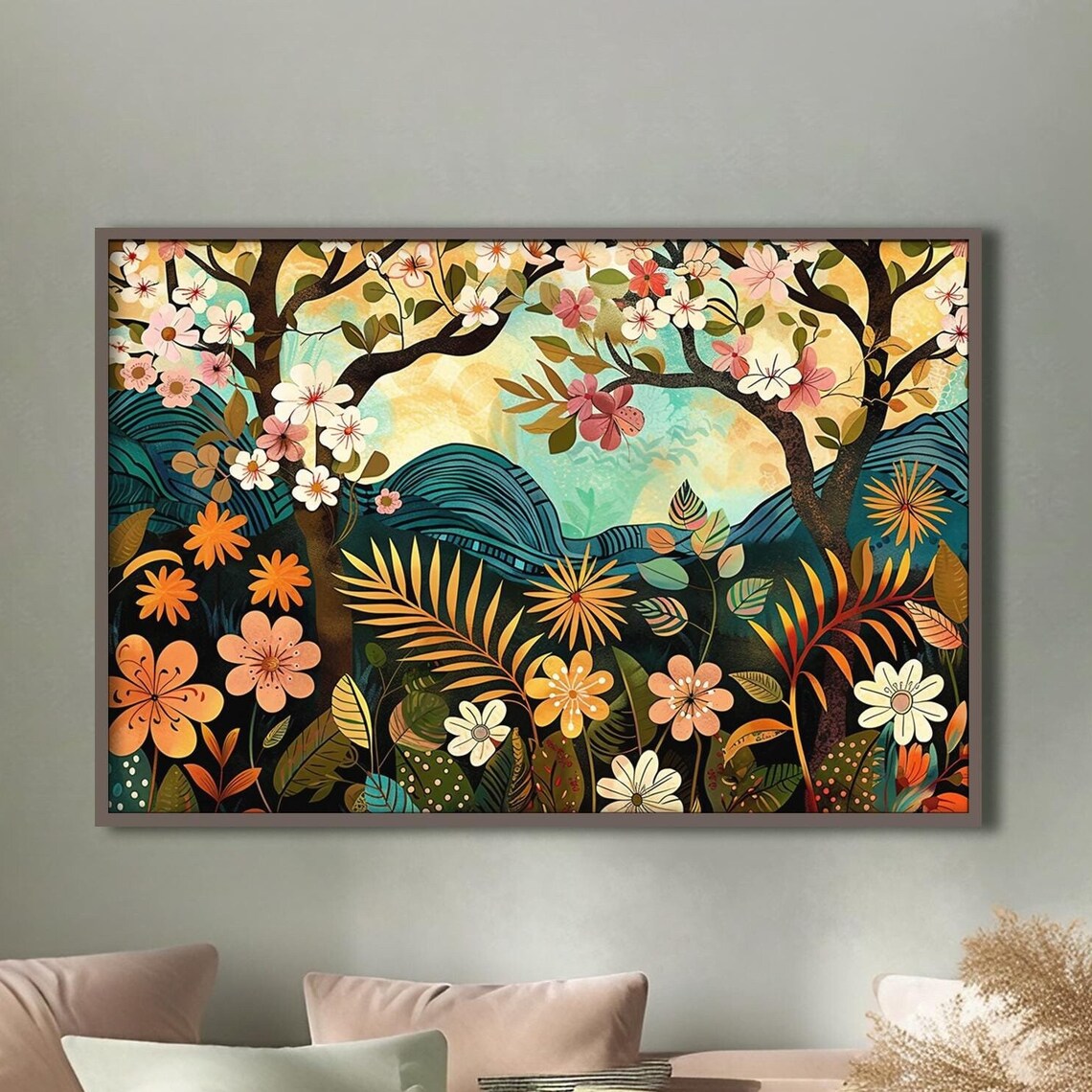 Whimsical Flower Forest Colorful Folk Art Blossom Trees Art Poster