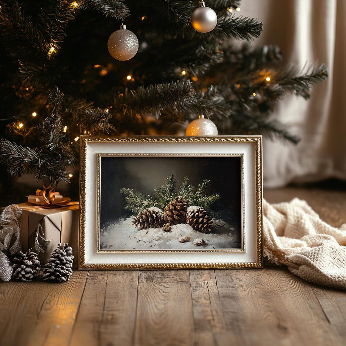 Frosted Pinecones With Snow on Dark Background Winter Poster - Image 3
