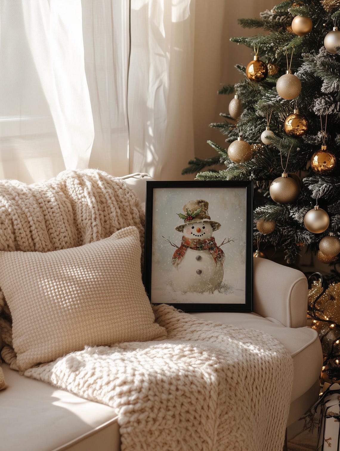 Smiling Snowman With Plaid Scarf in Gently Falling Snow Poster - Image 3