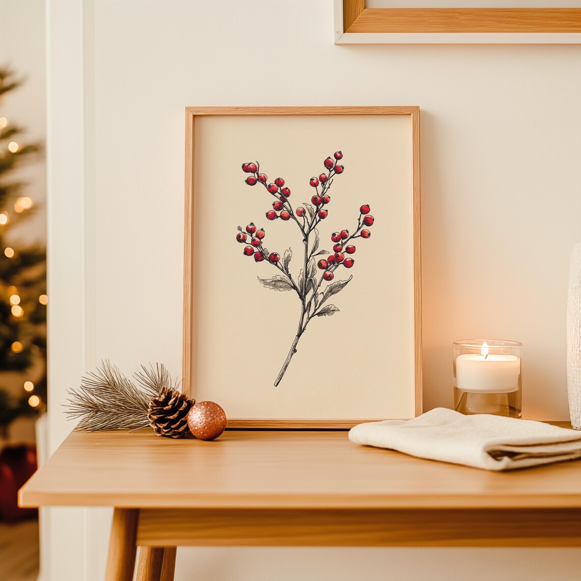 Vintage Red Winterberry Branch Botanical Holiday Christmas Poster - Image 3