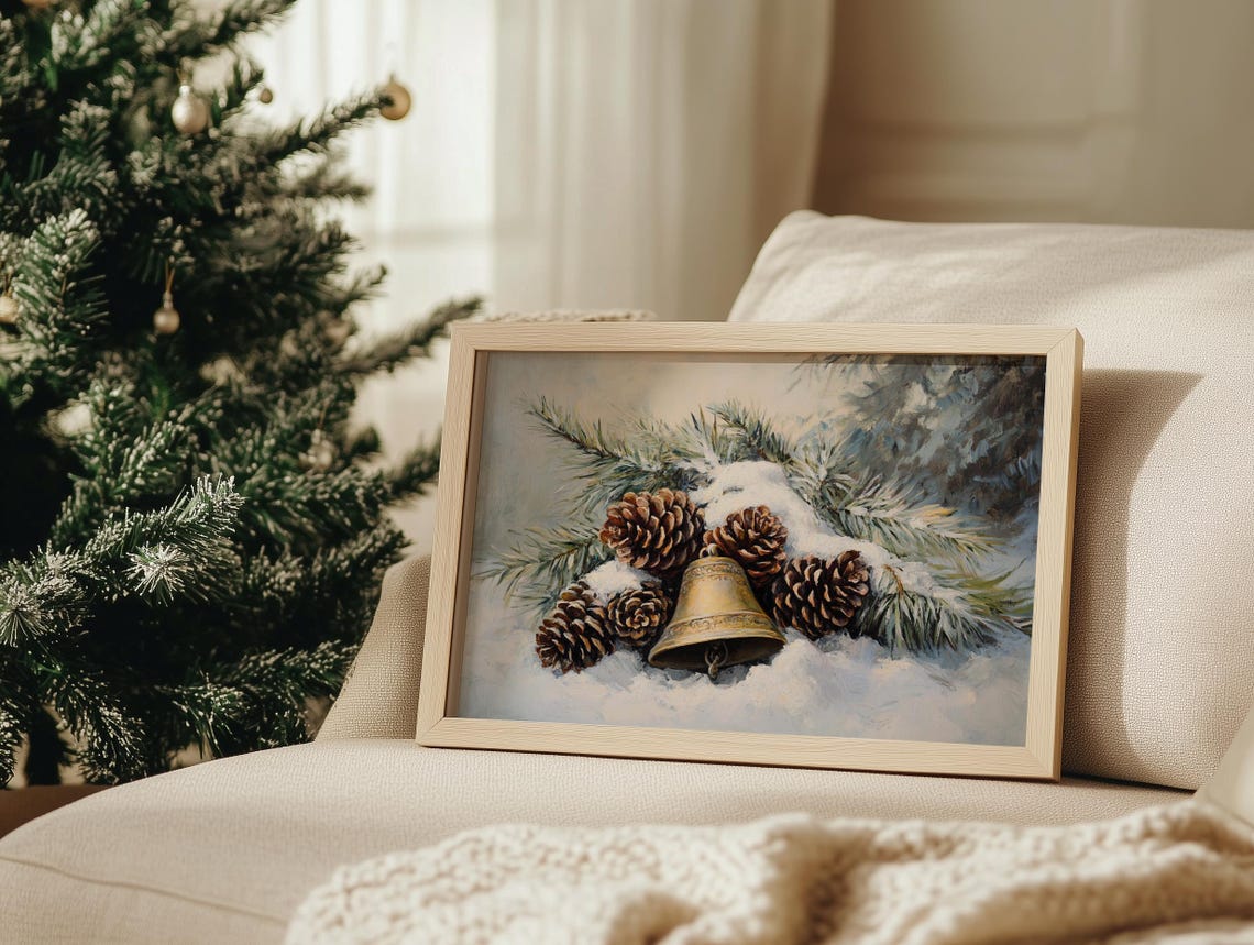 Vintage Pinecone and Brass Bell Winter Still Life Christmas Poster - Image 3