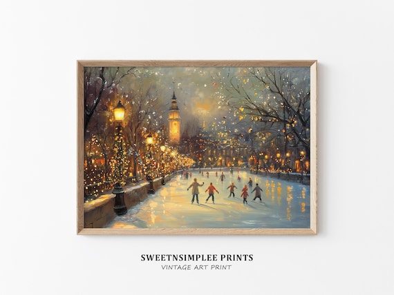 Winter Ice Skating Scene Poster Vintage City Lights Holiday Painting