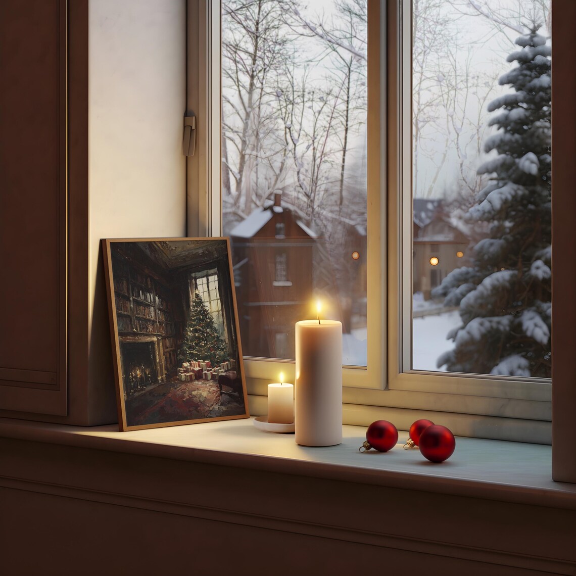 Cozy Library With Christmas Tree Gifts And Fireplace Oil Poster - Image 3