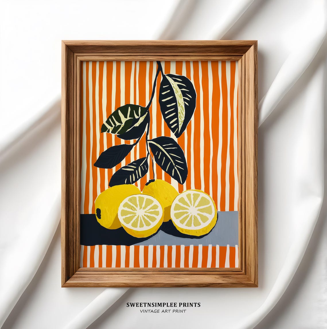 Bold Lemon Still Life Orange Striped Background Retro Kitchen Wall Art - Image 2