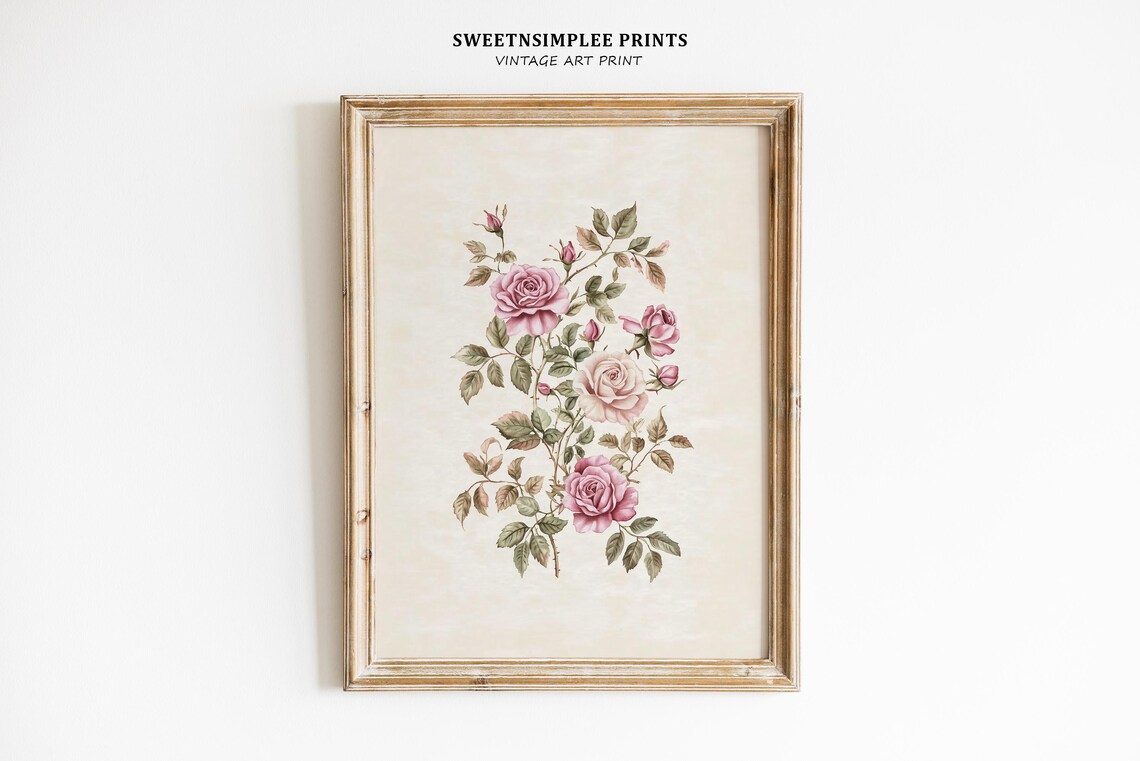 Vintage Pink Roses Botanical Study Cream Antique Floral Wall Art