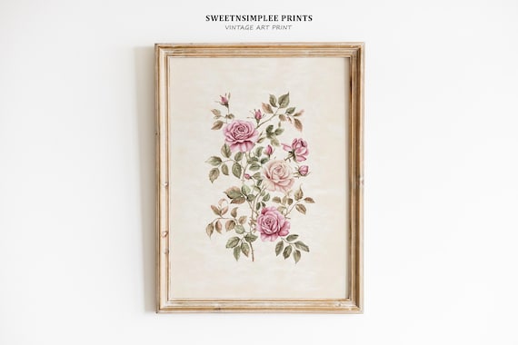 Vintage Pink Roses Botanical Study Cream Antique Floral Wall Art