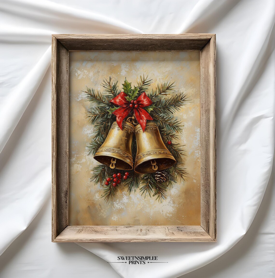 Golden Christmas Bells With Red Bow And Holly Vintage Holiday Poster - Image 2