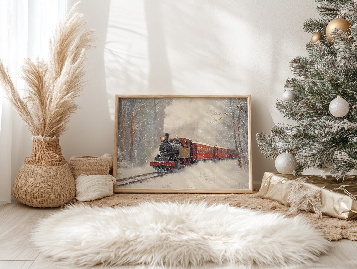 Vintage Red Steam Train in Snowy Forest Winter Landscape Poster - Image 3