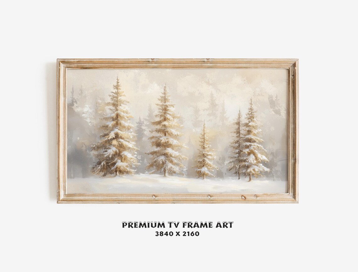 Golden Christmas Trees Snowy Pines Warm Neutral Winter Forest Wall Art - Image 2