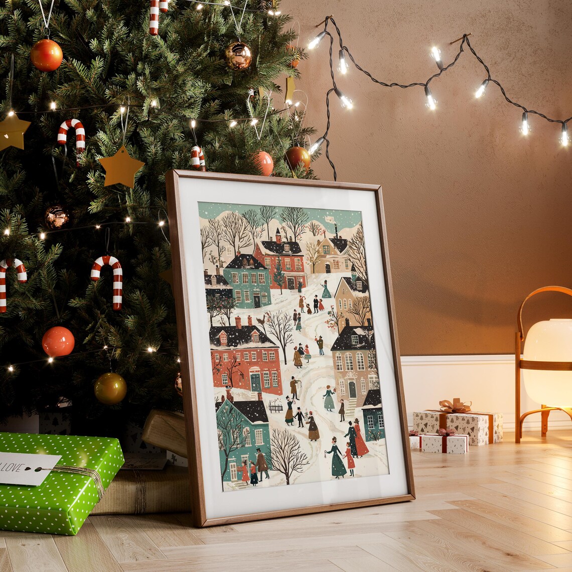 Cozy Snowy Christmas Town Pastel Winter Street Sledding Scene Wall Art - Image 3