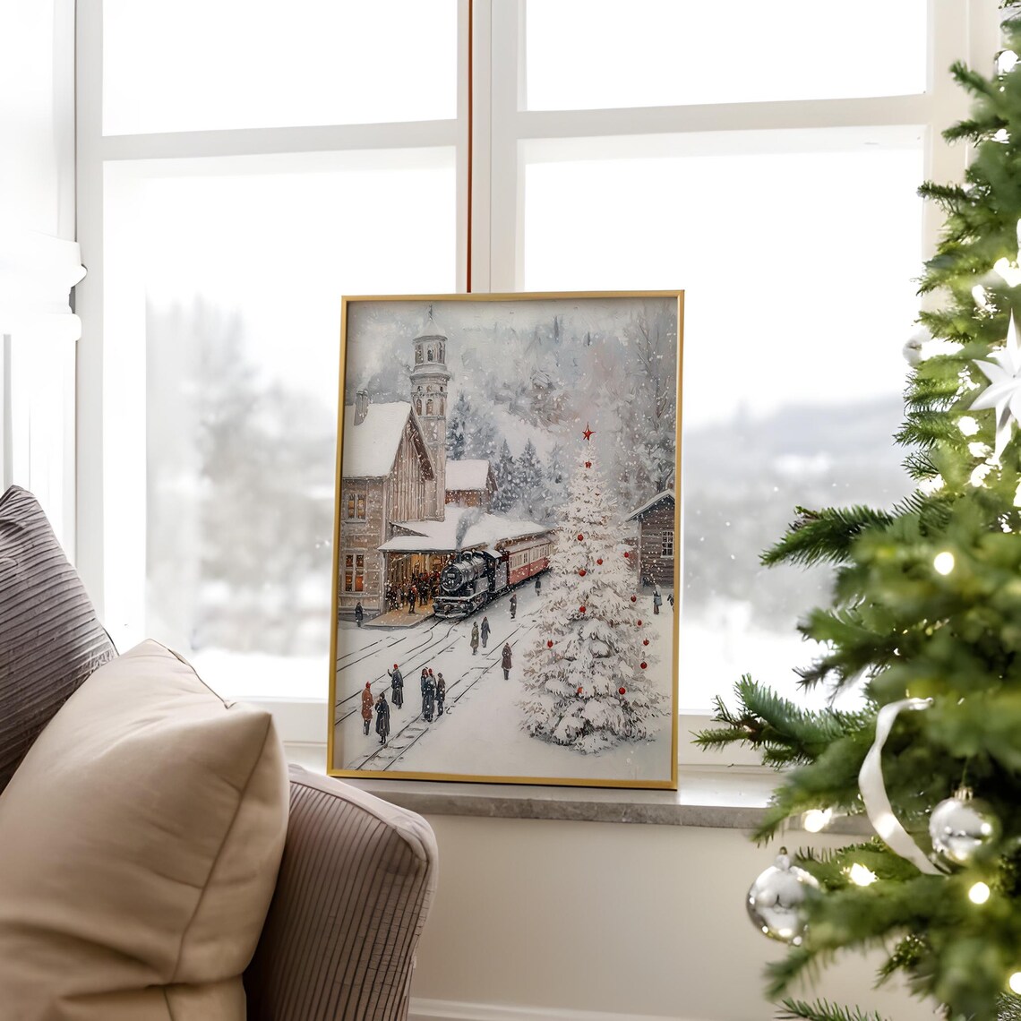 Snowy Train Station Poster Steam Engine Clock Tower Christmas Scene - Image 3