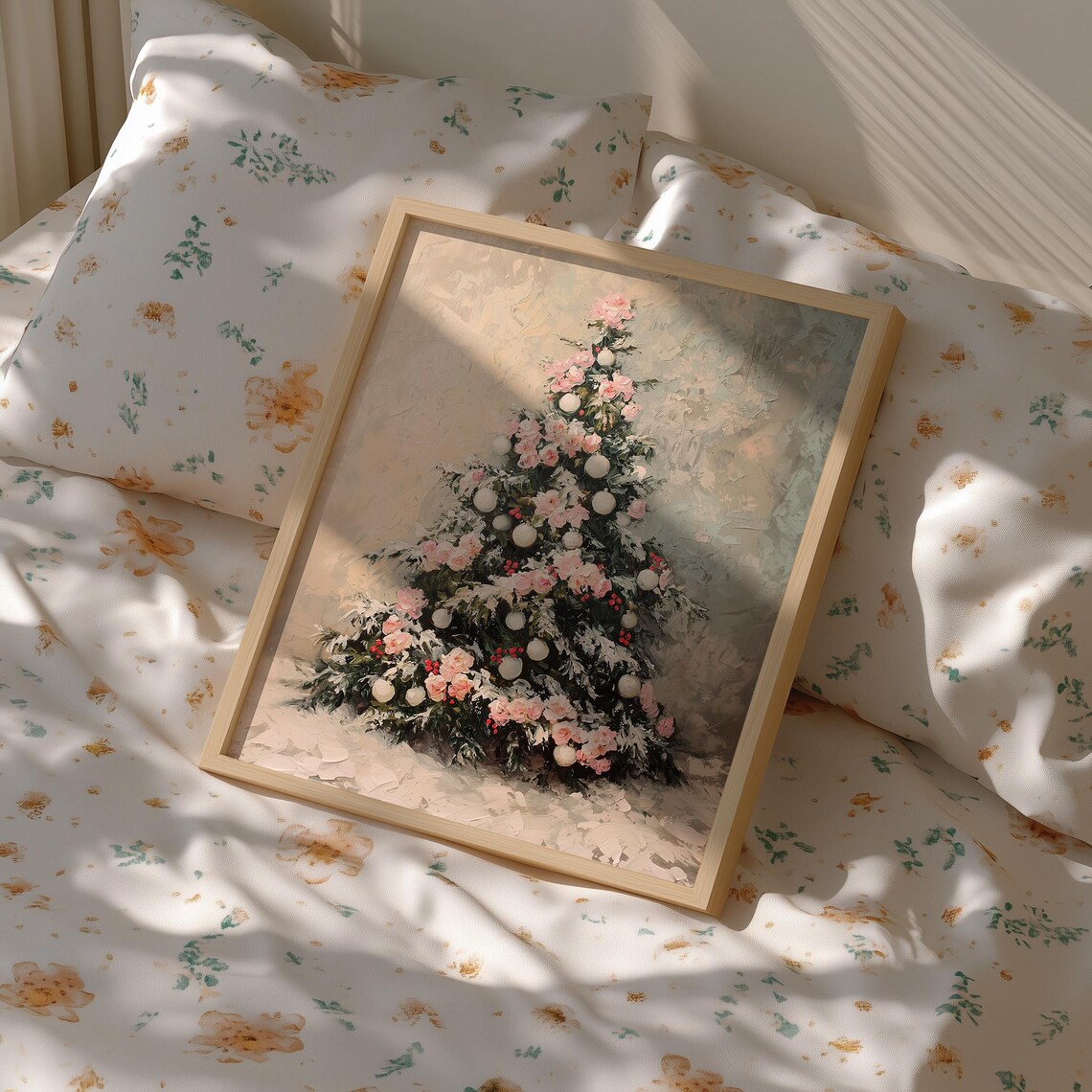 Vintage Pink and White Christmas Tree Oil Painting Holiday Poster - Image 3