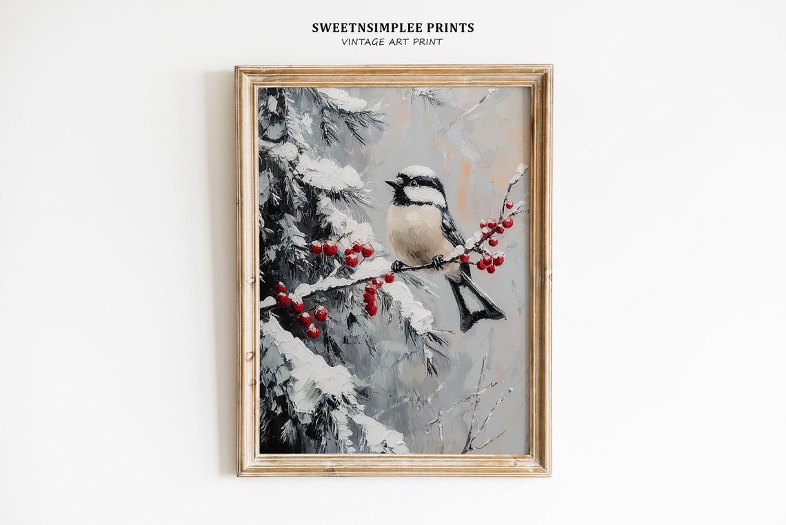 Chickadee Perched On Snowy Berry Branch Winter Bird Oil Poster