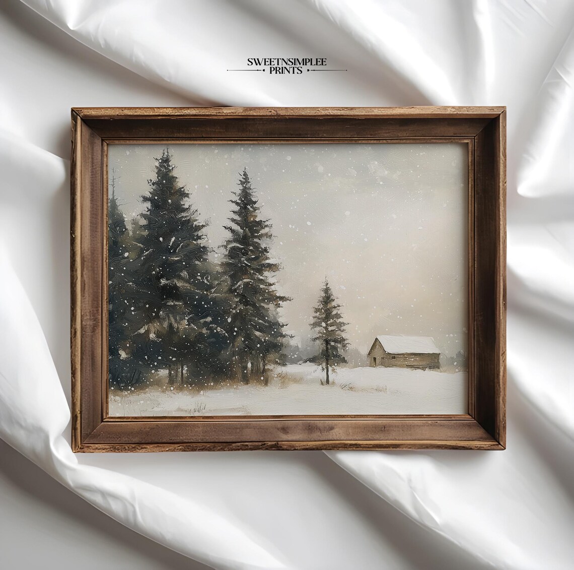 Snowy Forest Pines And Rustic Cabin Winter Landscape Vintage Poster - Image 2