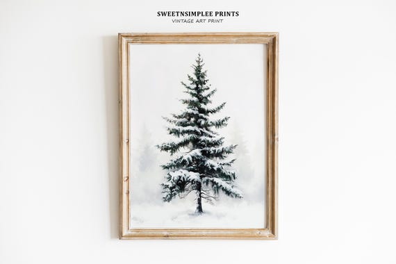 Vintage Christmas Tree Print Winter Pine Tree Art Moody Neutral Holiday Decor Fir Tree In Snow Retro Christmas Wall Art 473
