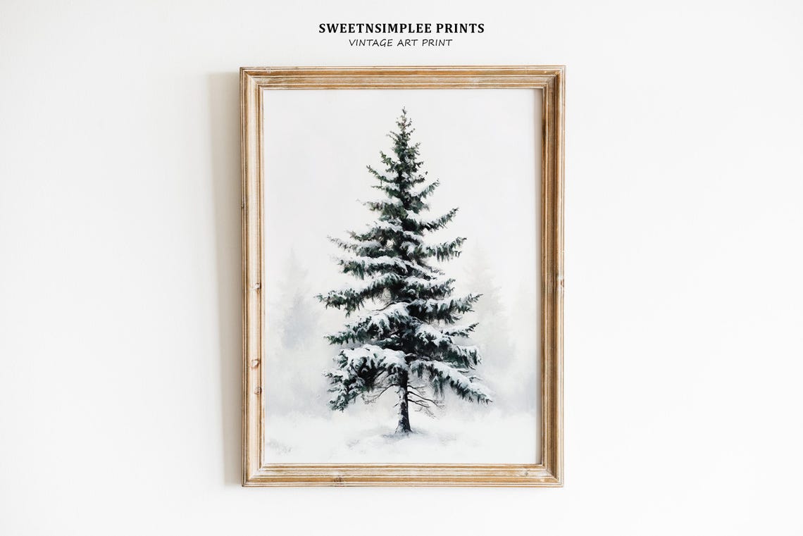 Single Snowy Evergreen Tree Poster Minimalist Winter Nature Decor