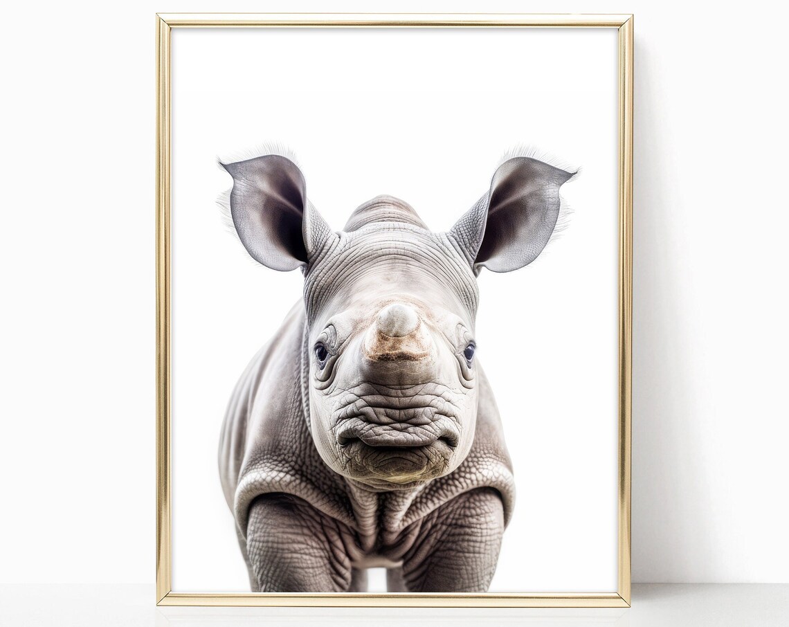 Baby Rhino Nursery Portrait Cute Grey Calf Minimalist Art Print