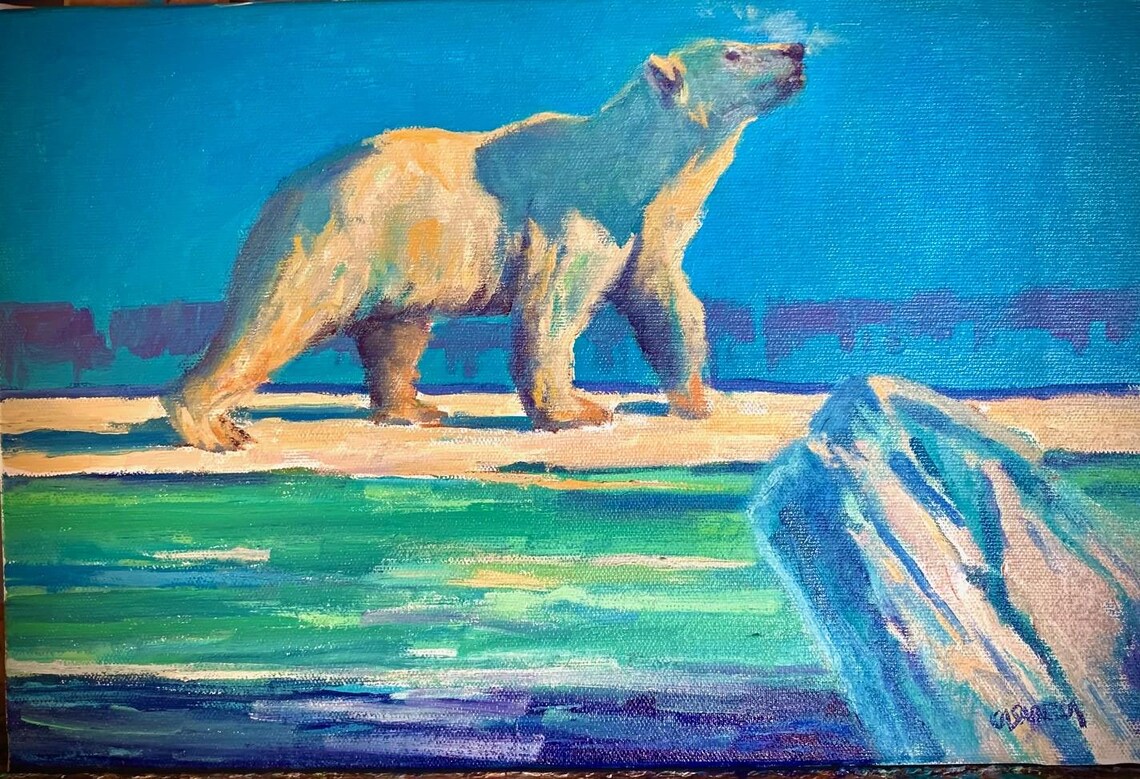 Polar Bear Walking Arctic Ice Turquoise Ocean Wildlife Oil Painting Wall Art - Image 2