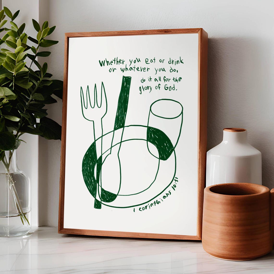Glory of God Kitchen Scripture With Fork Plate Line Drawing Poster - Image 3