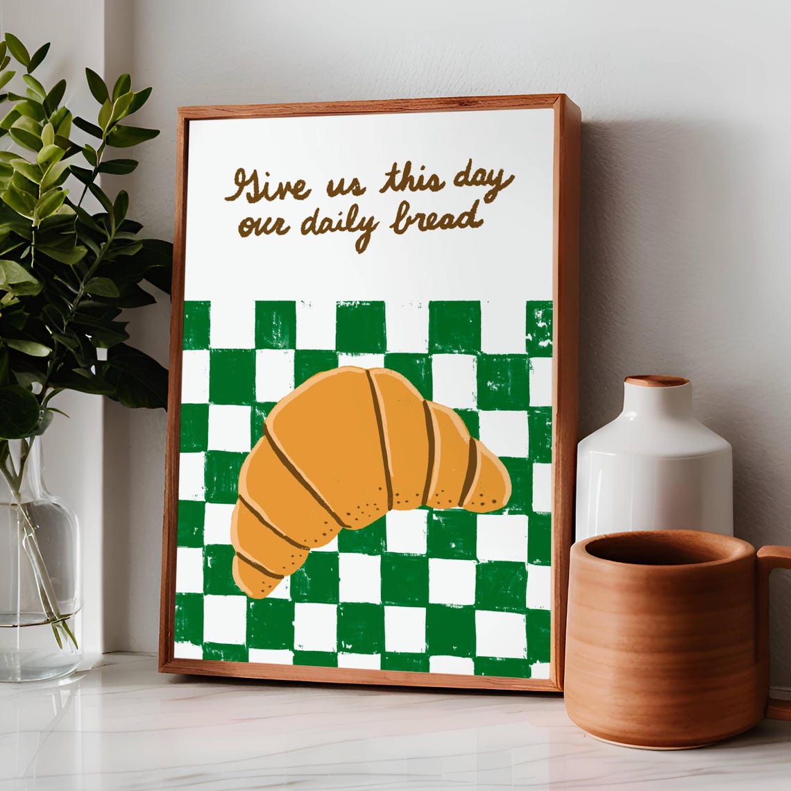 Give Us This Day Our Daily Bread Golden Croissant Green Gingham Poster
