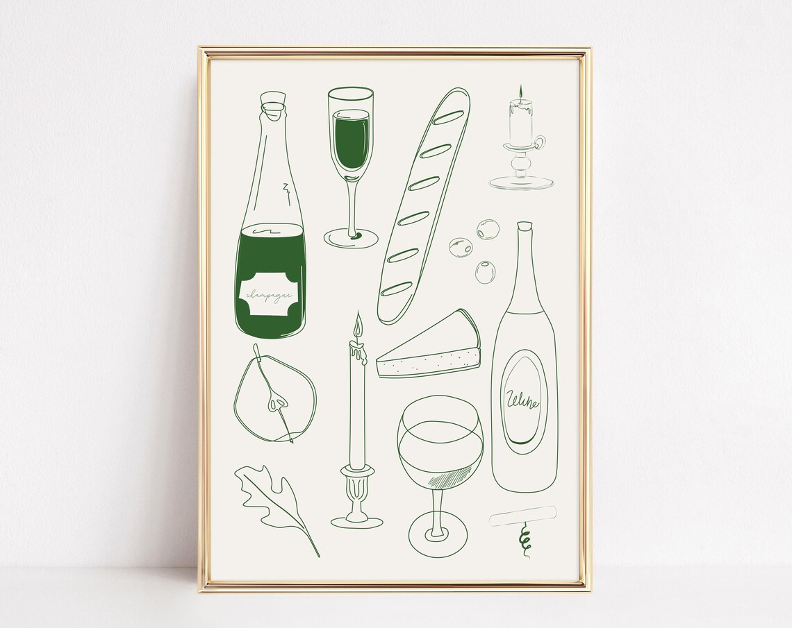 Wine And Cheese Kitchen Art Print, Cocktail Bar Decor