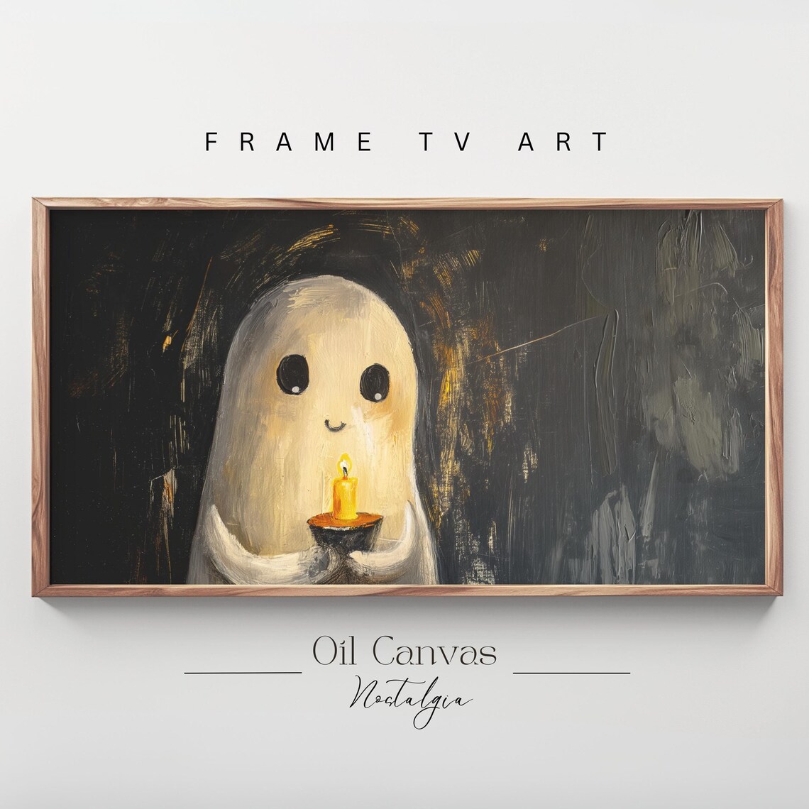 Smiling Ghost Holding Lit Candle Black Background Spooky Cute Art Poster