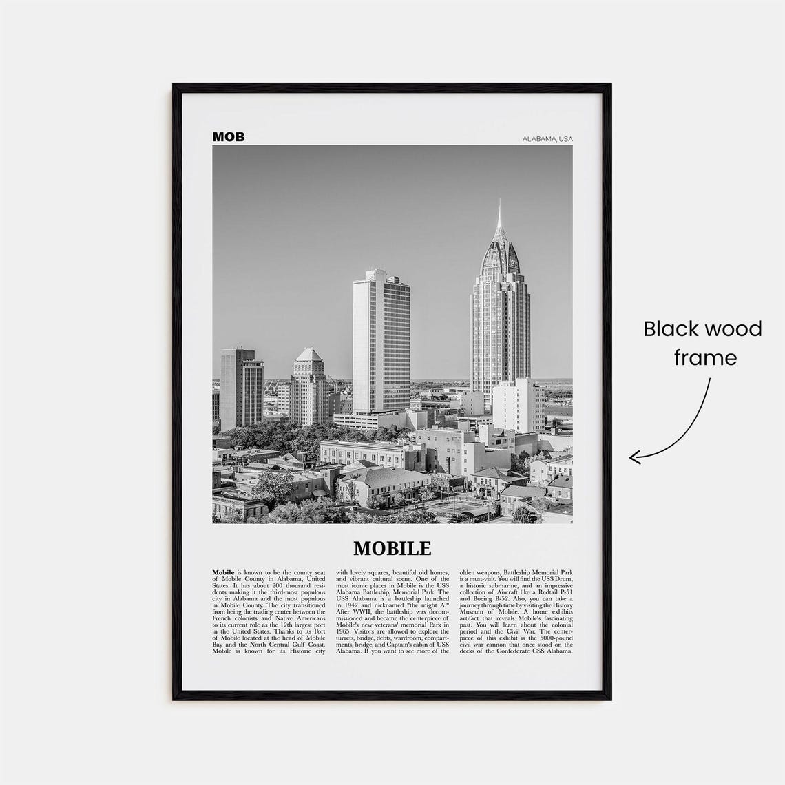 Mobile, Alabama Black and White Travel Poster - Image 3