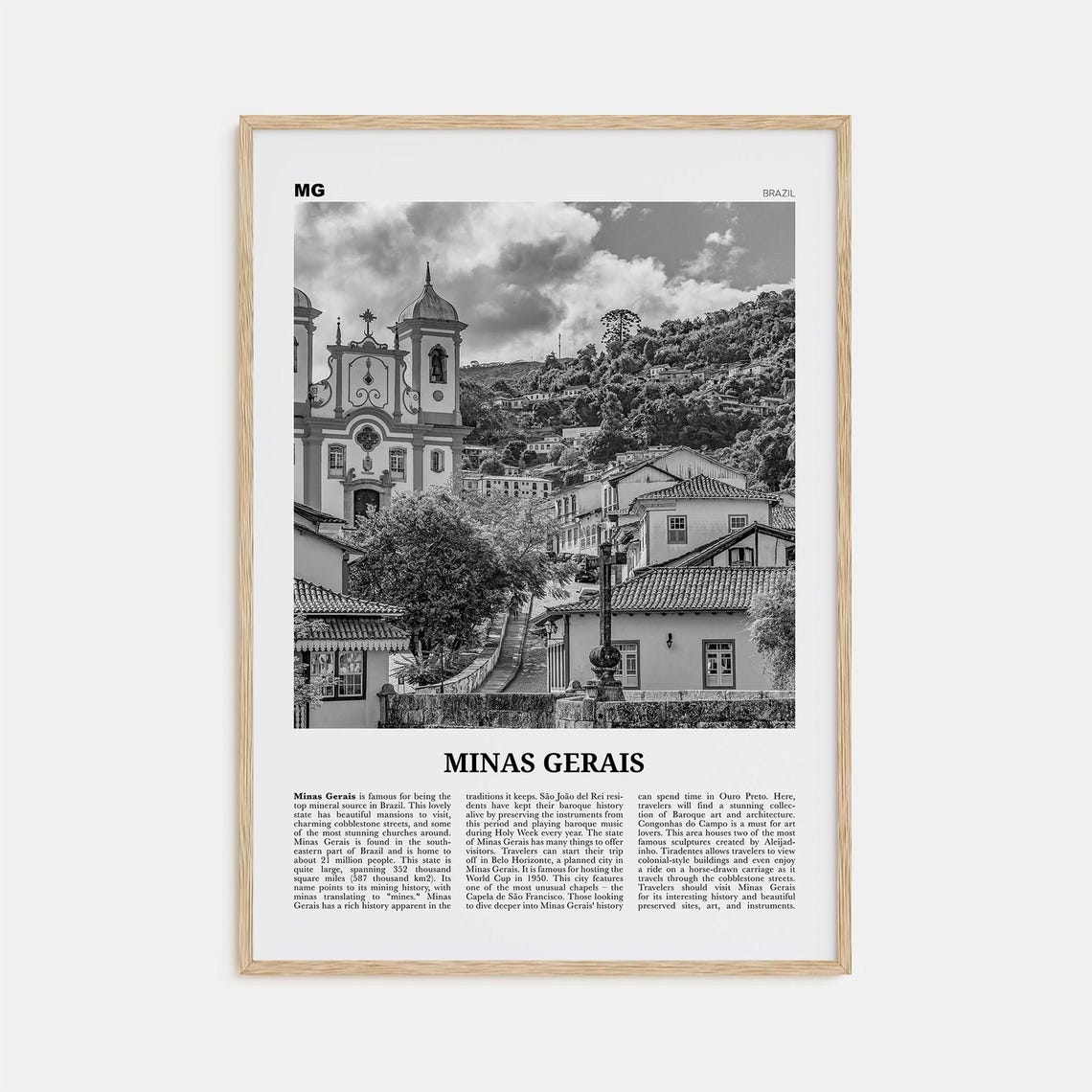 Minas Gerais Black And White Travel Map Print