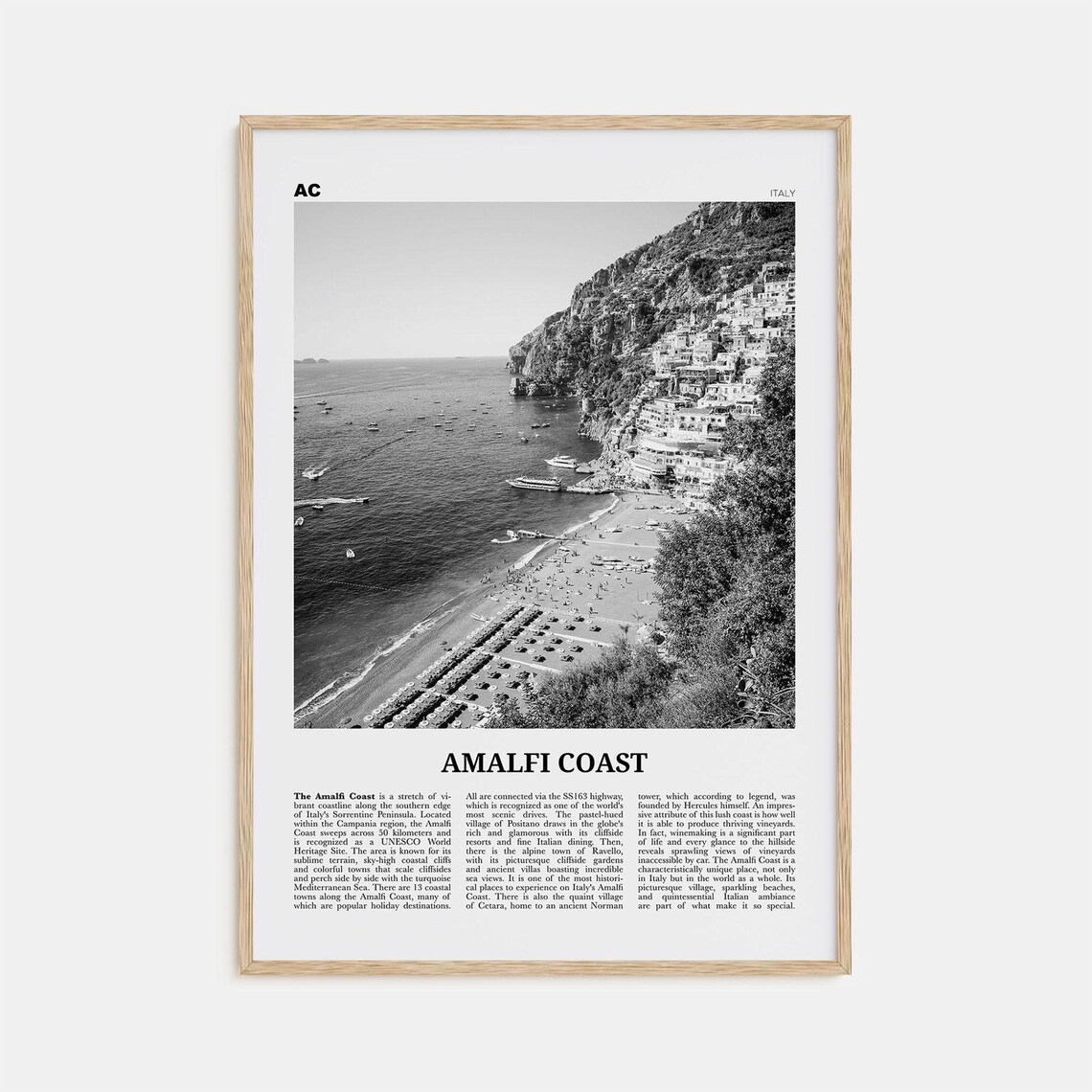 Amalfi Coast Map, Black And White Travel Poster