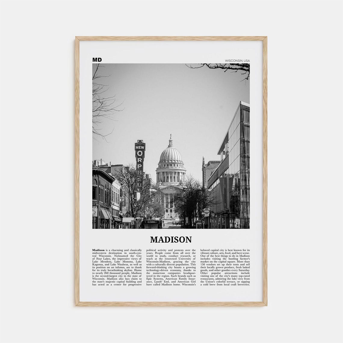 Madison Black and White Travel Poster, Wisconsin