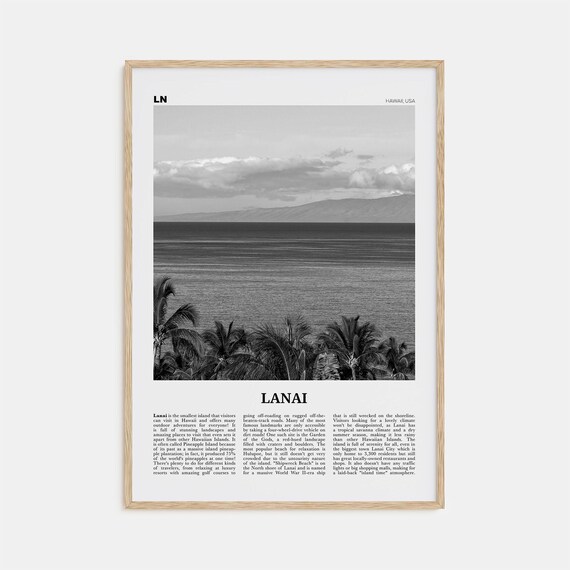 Lanai Black and White Map Travel Poster, Hawaii
