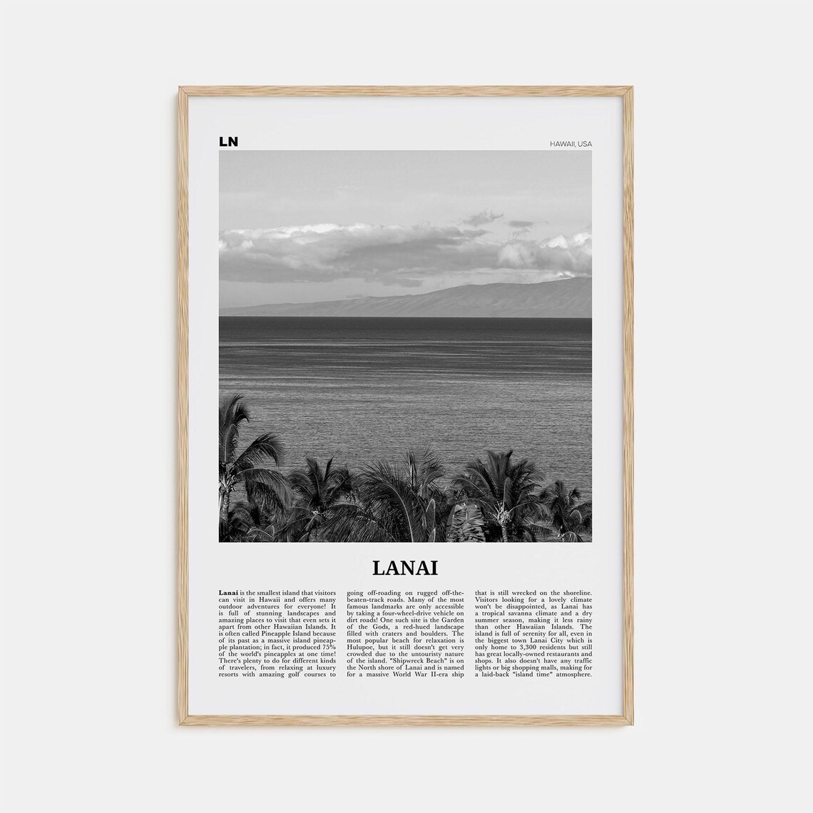 Lanai Black and White Map Travel Poster, Hawaii